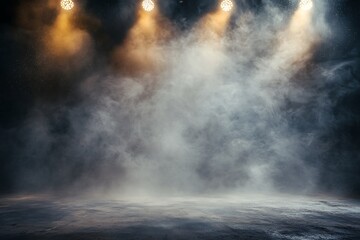 Smoky stage with spotlights, dark background, empty floor.