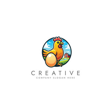 Chicken with eggs farm logo, bird broilers and meat logotype, Farm logo with rooster or chicken,Hen symbol  logo vector design