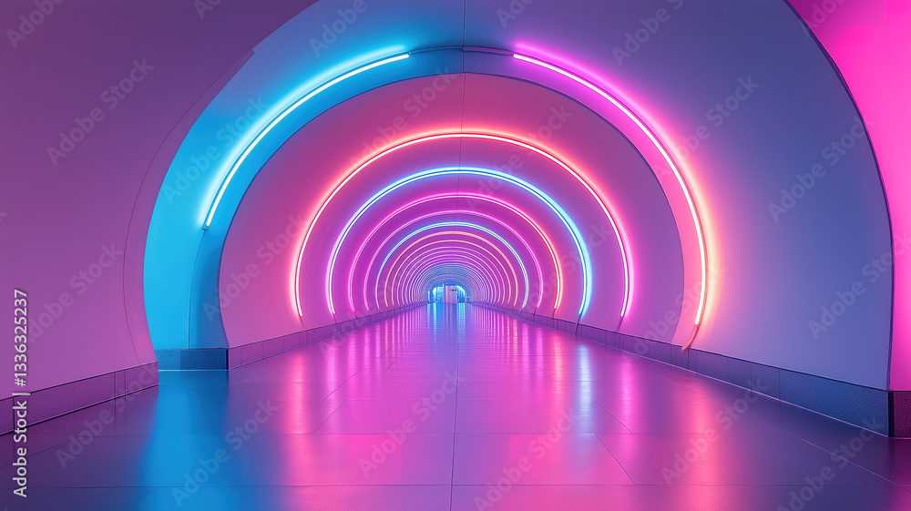 Poster mesmerizing neon tunnel illuminated by pink and blue light, creating depth and movement with circula