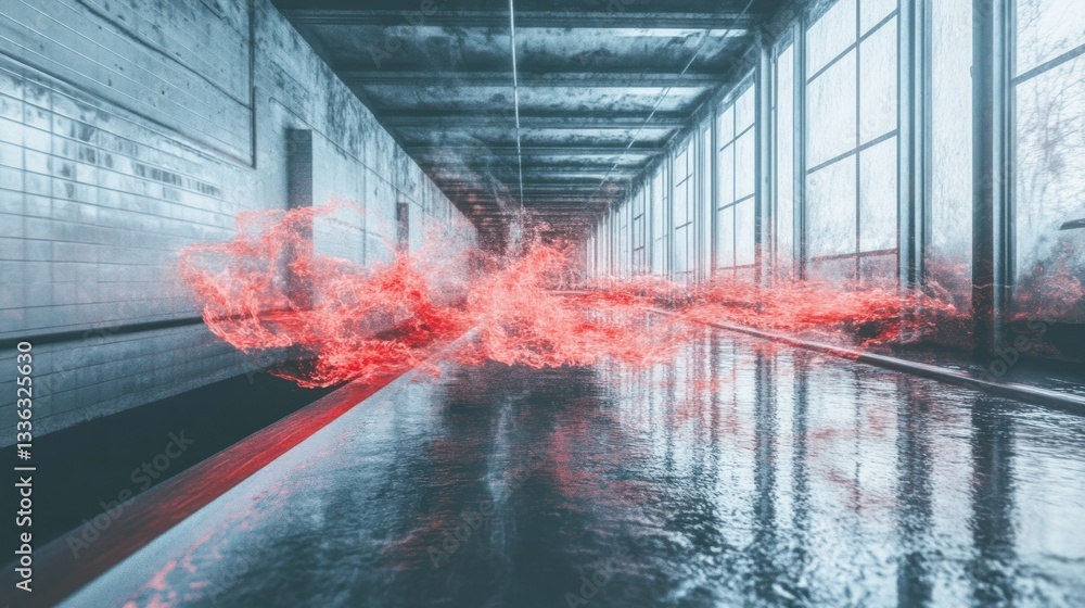 Aufkleber A long hallway with bright red illuminated energy displayed within it