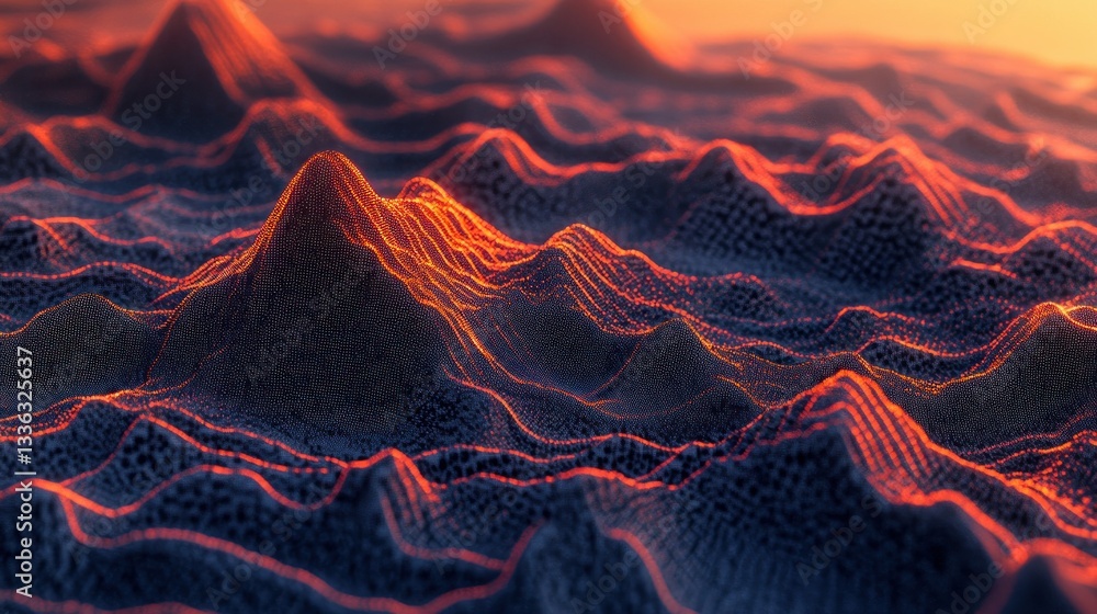 Poster abstract landscape with a fiery glow across the peaks and valleys