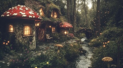 A whimsical mushroom shaped cottage nestled deep within a mystical forest