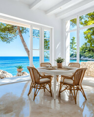 Obraz premium Bright dining area with ocean view, rattan chairs, and white table