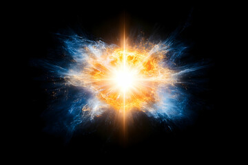 Bright, fiery explosion with blue and orange energy bursts against a black background