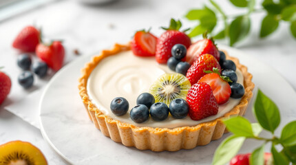 Delicious Fruit Tart with Butter Crust, Cream, and Fresh Strawberries, Blueberries, and Kiwi