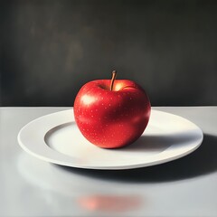 A vibrant red apple carefully placed on a pristine, completely white ceramic plate.