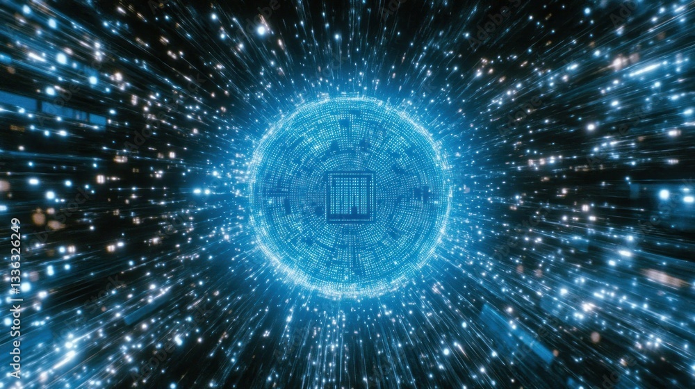 Poster A glowing data sphere with emanating lines representing information flow