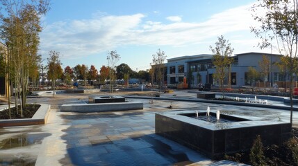 A city plaza under construction with fountains, seating areas, and contemporary landscaping