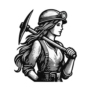 recommend clip art: Women Mining helmet Engrave illustration logo icon
