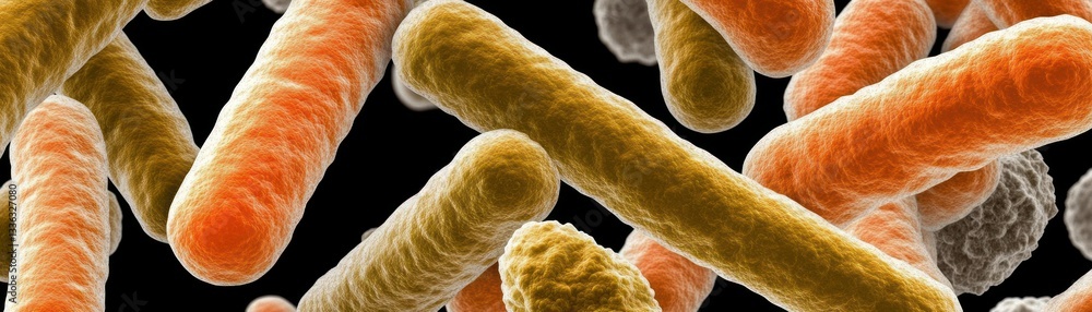 Poster microscopic close up captures various shapes and colored bacteria