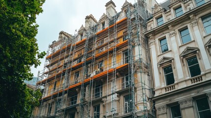 A historic building undergoing renovation, with scaffolding and restoration experts at work