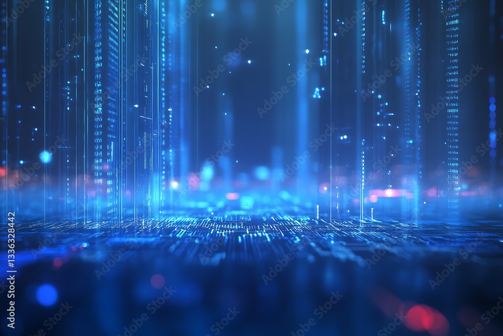 Poster abstract digital data stream, glowing blue lines and particles.