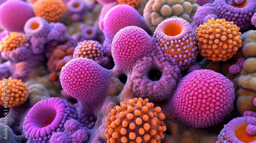 Poster Colorful microscopic shapes and structures form a vivid abstract composition
