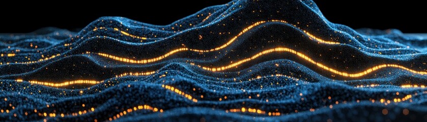 Abstract image of flowing blue waves with golden light