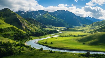 scenic mountain valley lush greenery winding river image