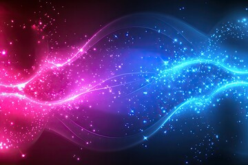 Abstract glowing waves of vibrant pink and blue, dotted with sparkling particles