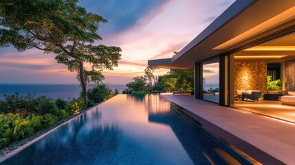 Fototapeta premium Stunning contemporary villa with infinity pool at sunset overlooking the ocean horizon