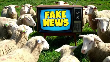 A group of sheep surrounds an old television in a lush pasture. The screen prominently displays the words fake news, creating a humorous contrast with the serene setting.