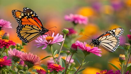 Naklejka premium Monarch Butterflies in Bloom: A pair of vibrant monarch butterflies gracefully alight on colorful blossoms in a sun-drenched garden, creating a stunning display of nature's beauty.