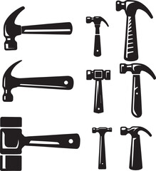 silhouette set of Hammer,solid hammer black and white illustration,hammer silhouette vector, black and white hammer illustration, hammer tool outline set, construction hammer silhouette,