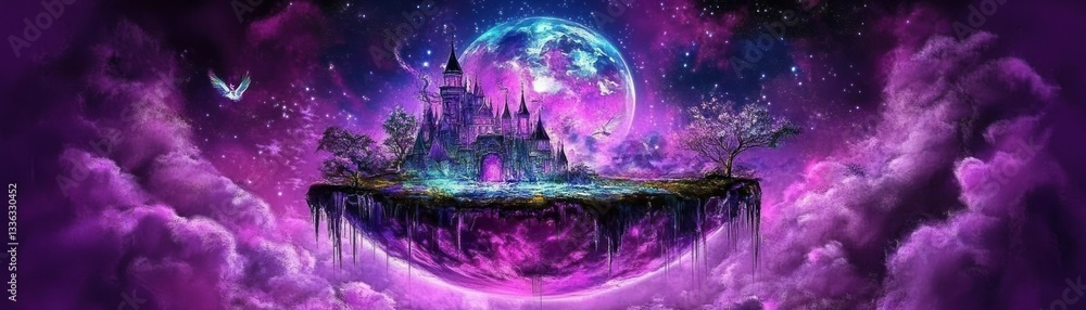 Poster a floating fantasy castle above colorful clouds under the starry sky