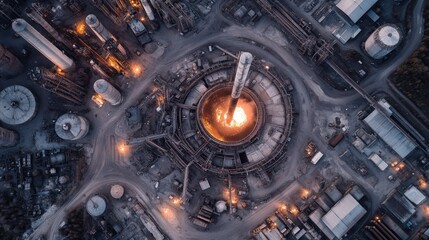 Overhead view shows an industrial plant with chimneys and structures