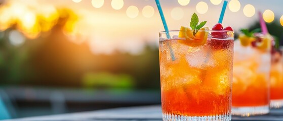 Refreshing Summer Cocktails with Colorful Garnishes at Sunset on a Warm Evening