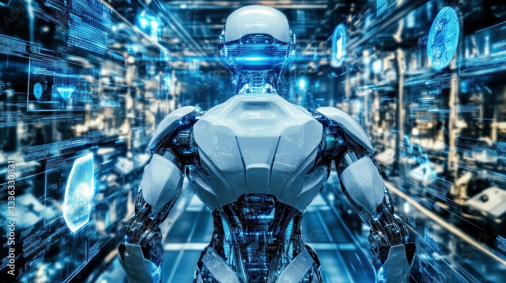 Poster A futuristic robot standing in a technologically advanced environment