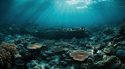 Submerged structure lies near coral reefs under sunlight filtered water