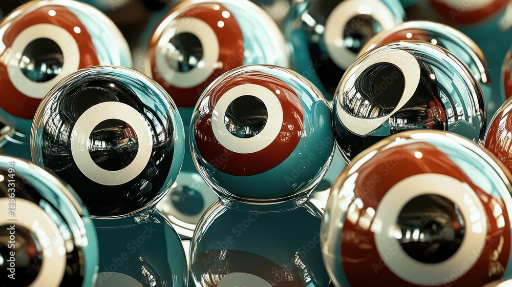 Poster Many reflective orbs with concentric circles of multiple colors are shown
