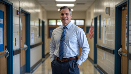Authoritative School Principal Standing in Hallway with Lockers Under Fluorescent Lighting
