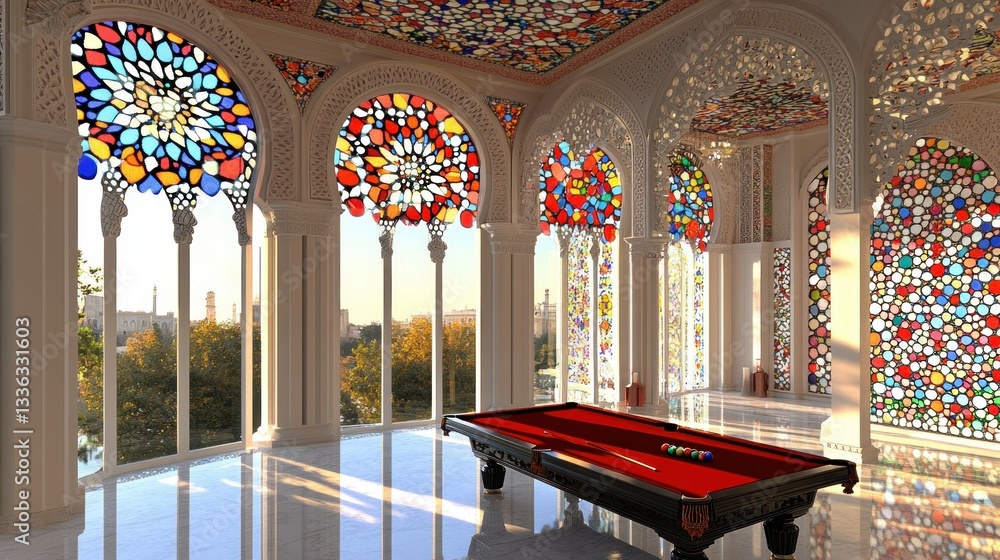 Poster an ornate room featuring a red pool table with stained glass windows