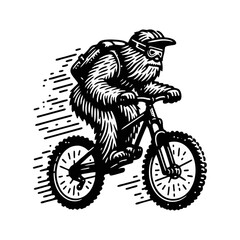 Yeti bigfoot riding mountain downhill bike Engrave illustration icon logo template