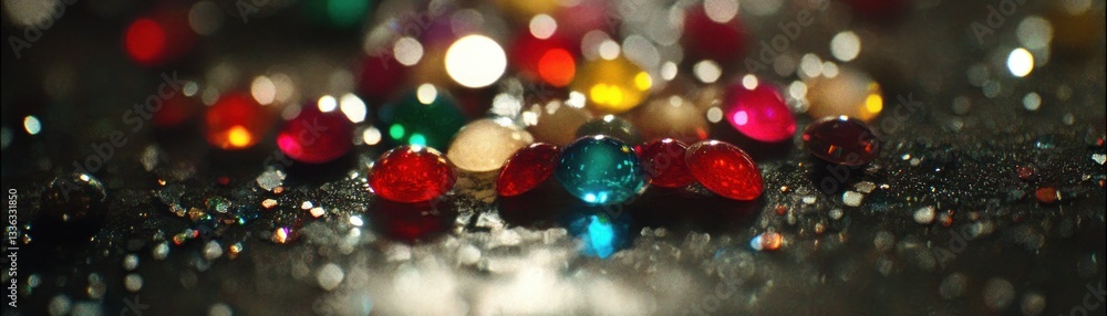 Poster Assorted shiny colored gems scattered on a dark reflective surface