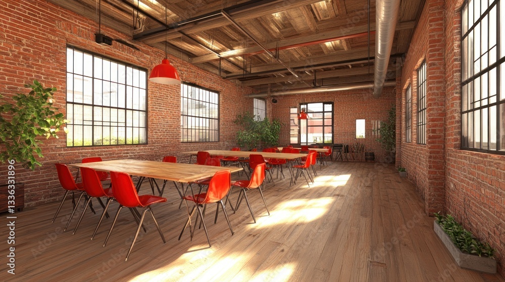 Poster A large open room with tables and chairs under large windows