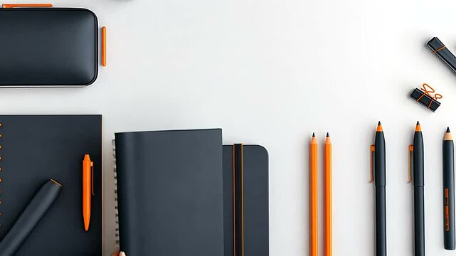 Black orange stationery office desk flatlay