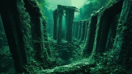 Overgrown ancient ruins with columns immersed in a mystical forest