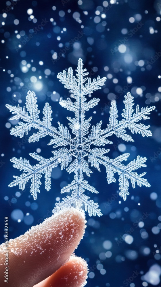 Poster a perfect six pointed snowflake rests gently upon a finger