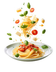 Spaghetti with tomato sauce, basil and parmesan falling on transparent background