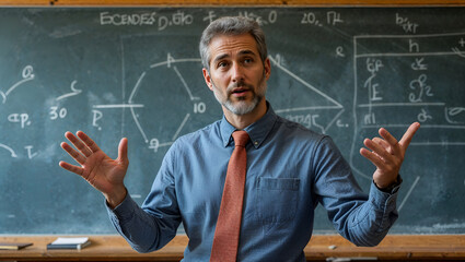 Teacher explaining math equations in classroom with chalkboard background