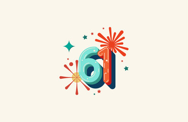 Logo Number Colorful 61th, 61th Happy Birthday or Anniversary with fireworks concept. Happiness and funny design concept.