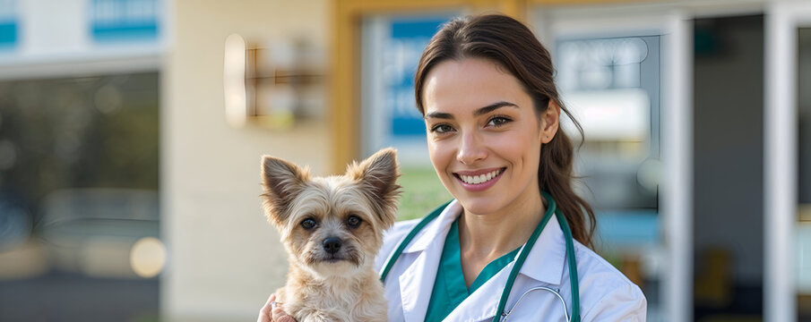 Smiling Female Veterinarian Holding a Yorkshire Terrier Outside a Modern Pet Clinic
