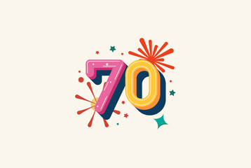 Logo Number Colorful 70th, 70th Happy Birthday or Anniversary with fireworks concept. Happiness and funny design concept.