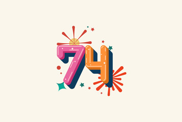 Logo Number Colorful 74th, 74th Happy Birthday or Anniversary with fireworks concept. Happiness and funny design concept.