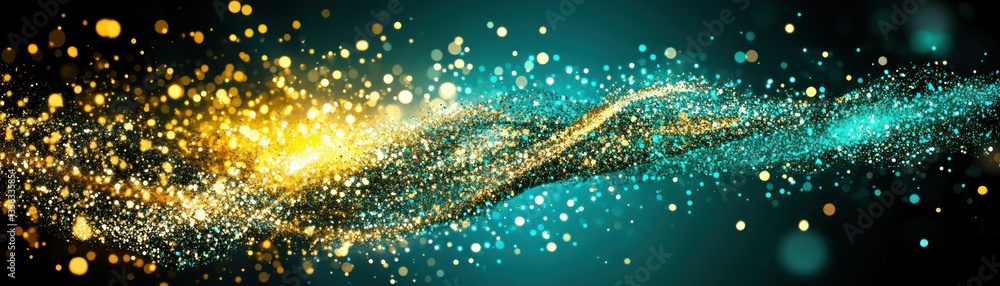 Poster abstract flowing particles of gold and teal on a dark background
