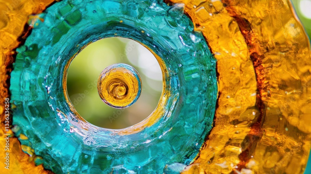 Poster circular glass structure with a spiraling central yellow element