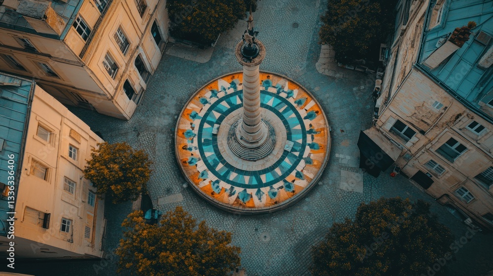 Poster an aerial view showcases a circular plaza with decorative column