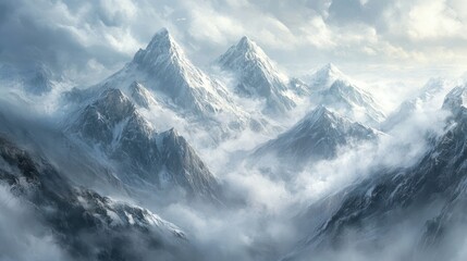 Obraz premium Majestic snowy mountains shrouded in clouds. Possible use Nature wallpaper