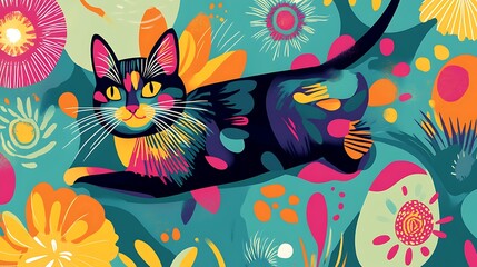 colorful cat relaxing abstract vibrant background art image