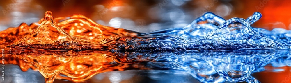 Poster two water forms meeting with reflections against colourful backgrounds